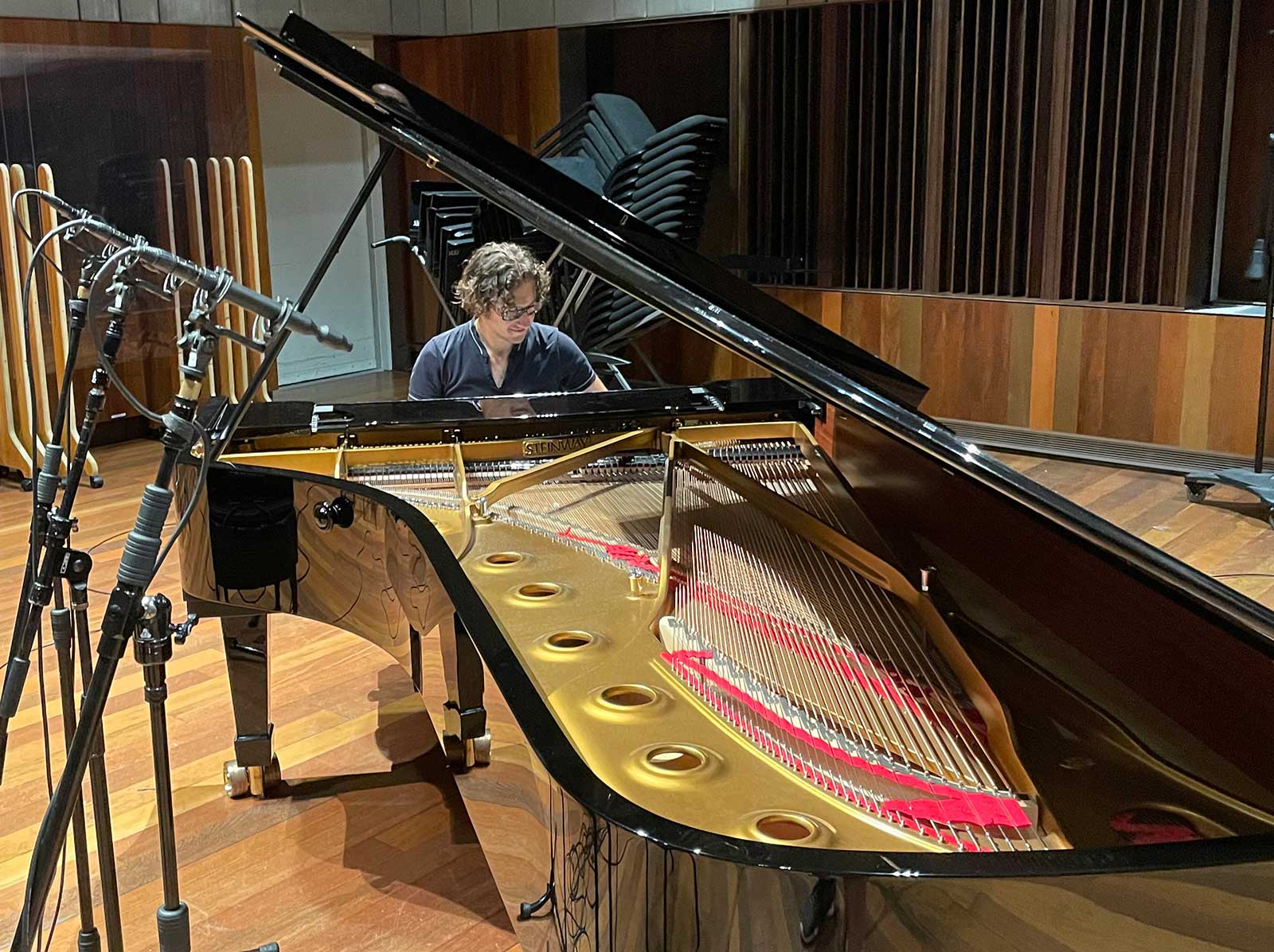 Scott Burgess recording harpsichord with Sanken CUX-100K mics