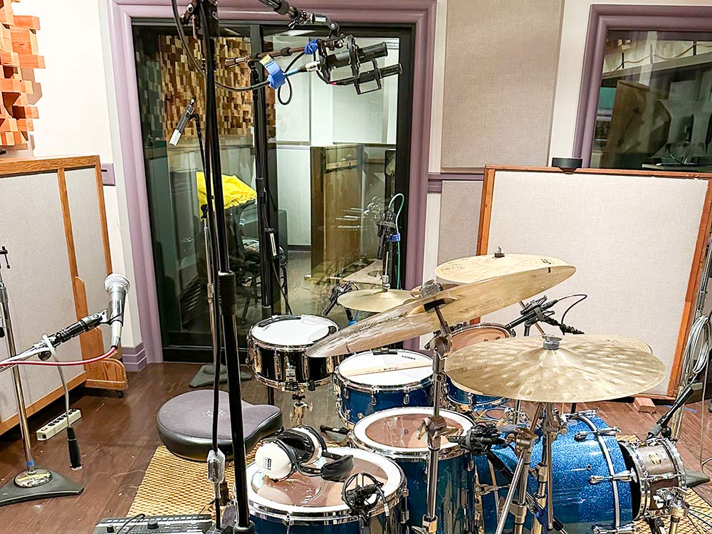 Gene Coye Drum setup with a pair of Sanken Chromatic CUX-100k overhead mics