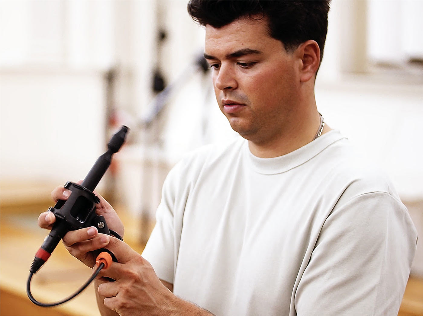 Moretti is seen with the Sanken CO-100K mic